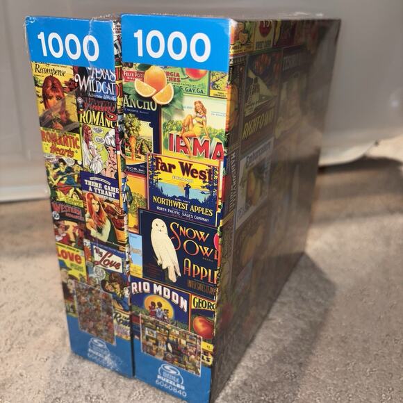 Spin Master 2-Pack of 1000 Piece Jigsaw Puzzles Retro Comics & Fruit Labels NEW - Picture 2 of 7